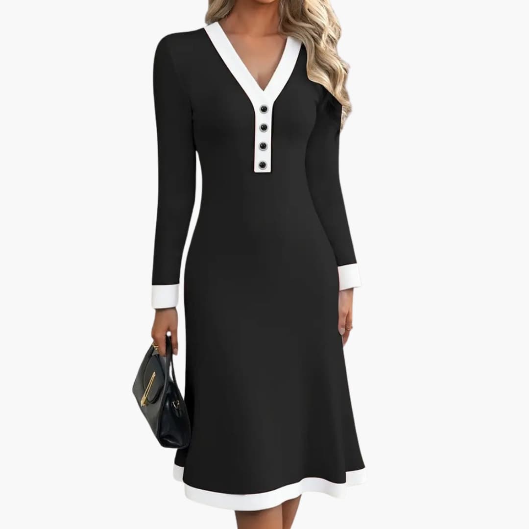 Alice - Women's elegant long sleeve midi dress with v neck and button front