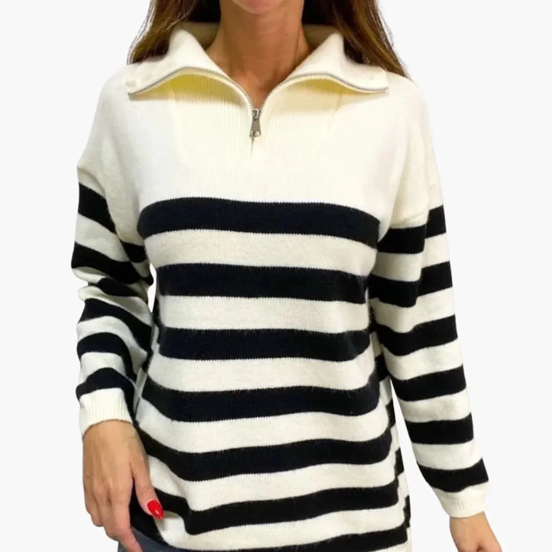 Charlotte - Women's striped knitted quarter zip jumper with relaxed long sleeve