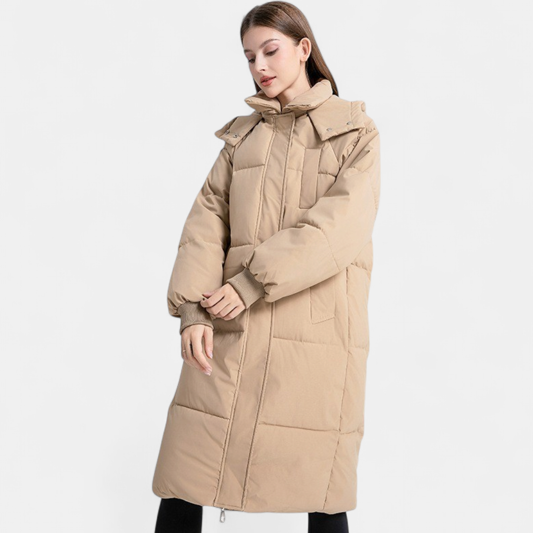 Daisy - Women’s long oversized winter puffer coat with hood and ribbed cuffs