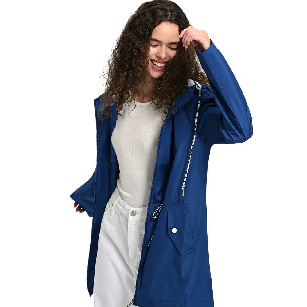 Amelia - Women's Raincoat for Autumn with Drawstring Hood and Snap Pockets