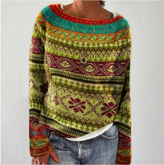 Poppy - Women's oversized knitted jumper with round neck and fair isle pattern