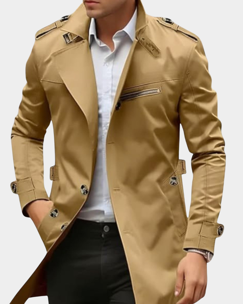 Louis - Men’s waterproof short trench jacket with lapel collar and epaulettes