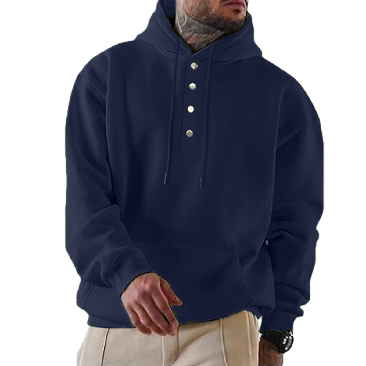 Theo - Men’s oversized comfy henley hoodie with button neck and drop shoulder