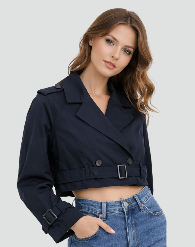 Willow - Women's Short Trench Coat with Belted Waist and Buckle Cuffs