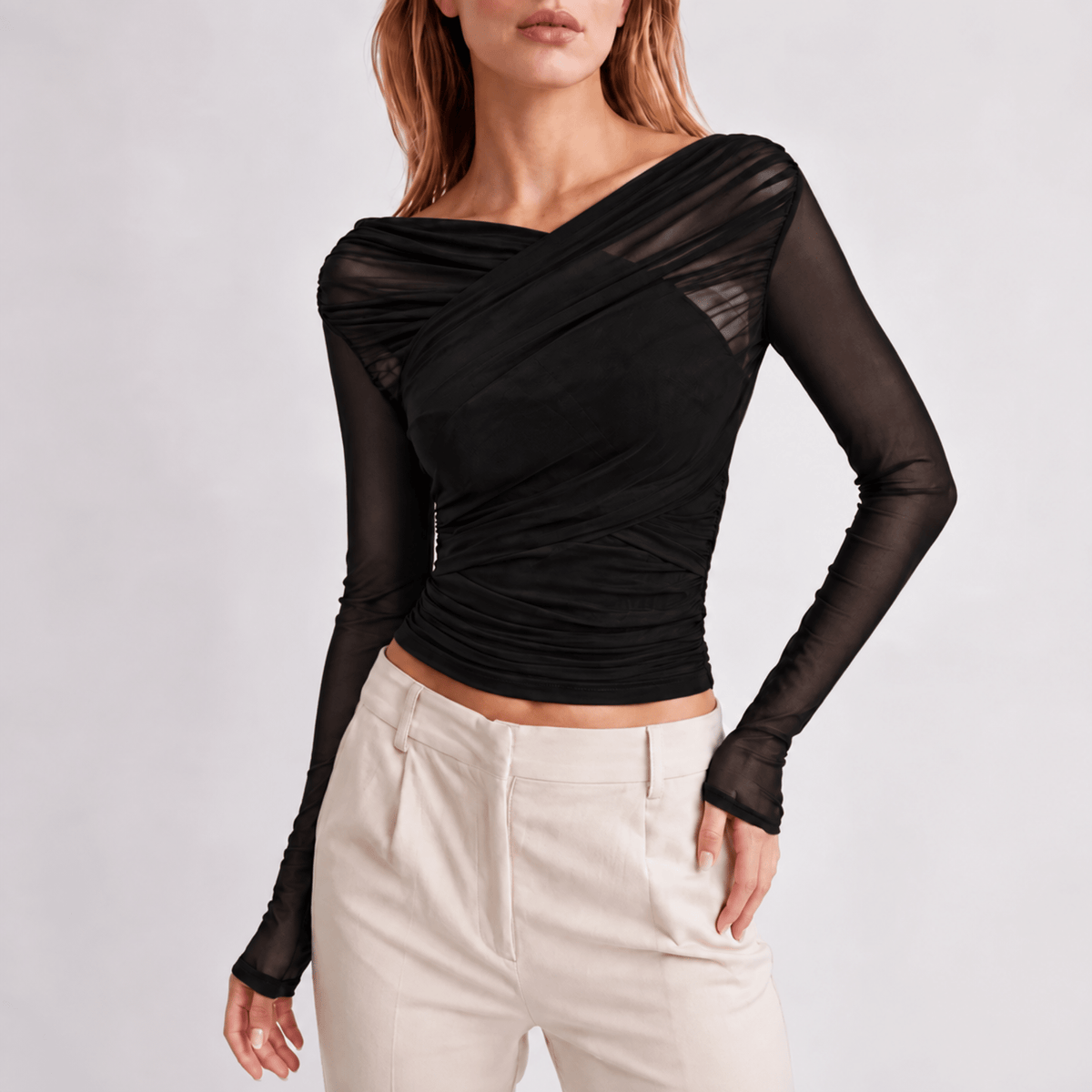 Florence - Women's long sleeve top with ruched wrap and off shoulder neck