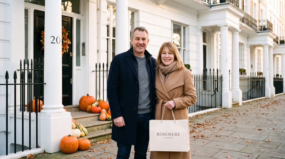 Rosemere London Halloween hero, couple on a London street with pumpkins and a Rosemere London shopping bag