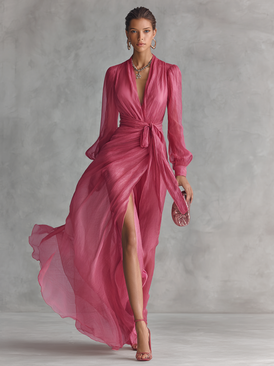 Amelia - Chic Women's Long Sleeve Wedding Guest Maxi Dress with Side Slit