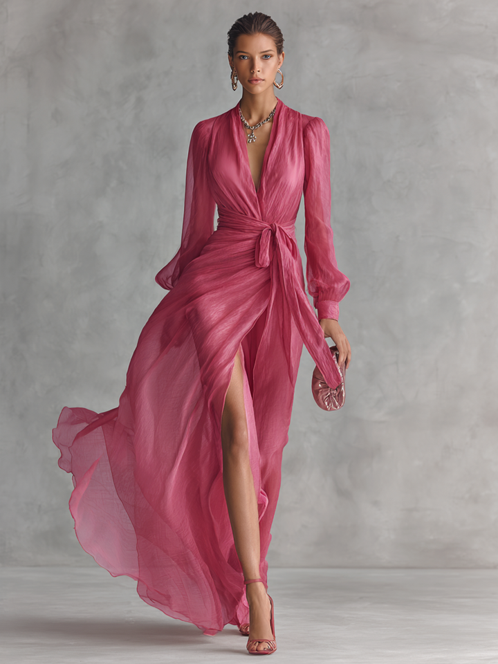 Amelia - Chic Women's Long Sleeve Wedding Guest Maxi Dress with Side Slit