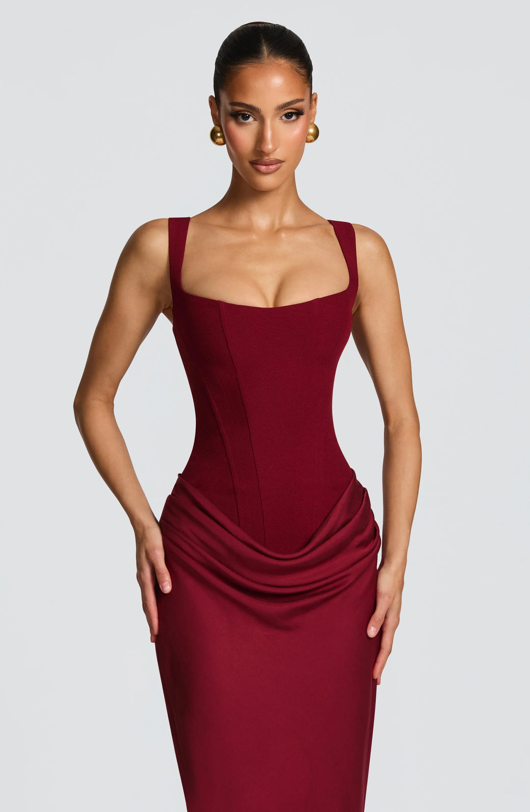 Adriana - Elegant Women's Wedding Guest Maxi Dress with Square Neck and Corset Bodice