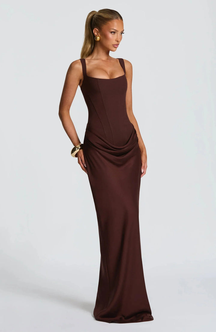 Adriana - Elegant Women's Wedding Guest Maxi Dress with Square Neck and Corset Bodice