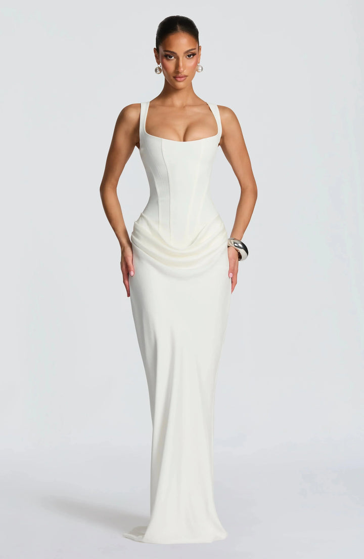 Adriana - Elegant Women's Wedding Guest Maxi Dress with Square Neck and Corset Bodice