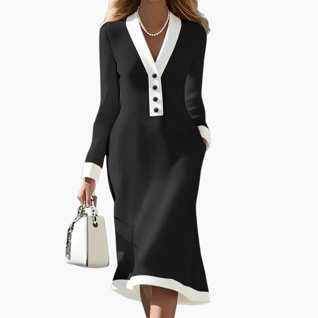 Alice - Women's elegant long sleeve midi dress with v neck and button front