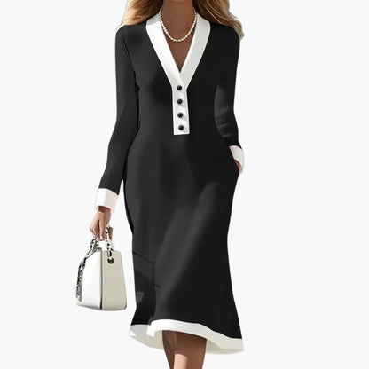Alice - Women's elegant long sleeve midi dress with v neck and button front