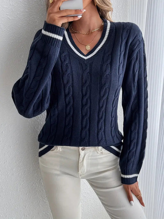 Alice - Women’s knitted v neck cricket jumper with cable pattern