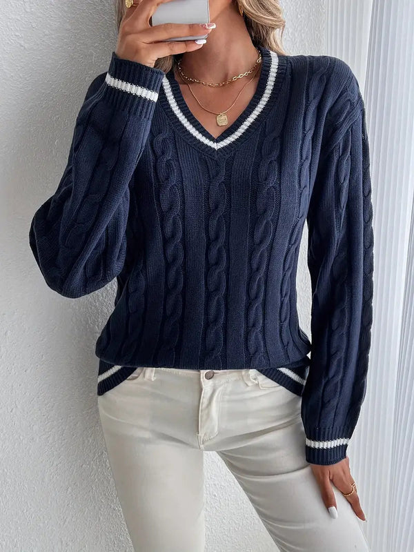 Alice - Women’s knitted v neck cricket jumper with cable pattern