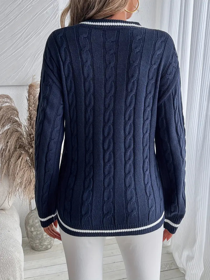 Alice - Women’s knitted v neck cricket jumper with cable pattern