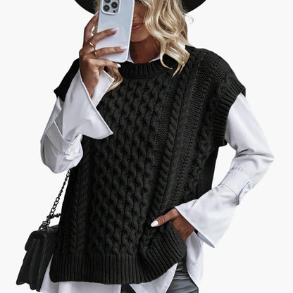 Alice - Women's oversized sleeveless cable knitted jumper with crew neck