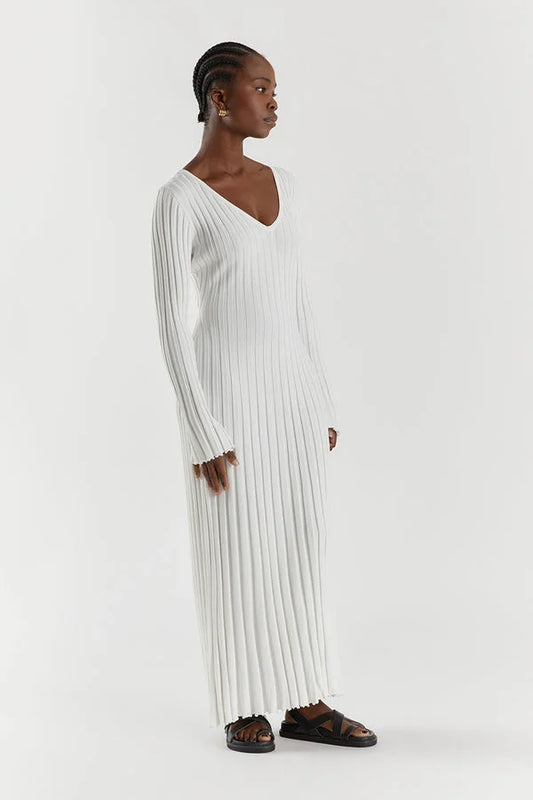Alice - Women's ribbed knitted maxi jumper dress with v neck and long sleeve