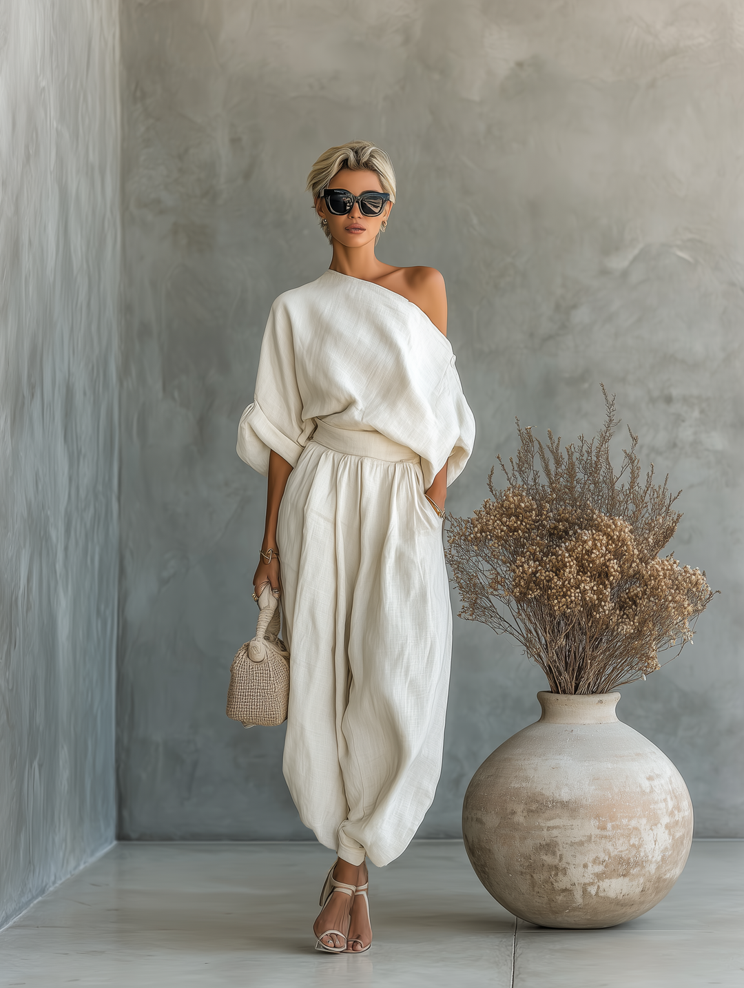 Amelia - Boho Women's 2-Piece Linen Set with Off Shoulder Top and Tapered Trousers