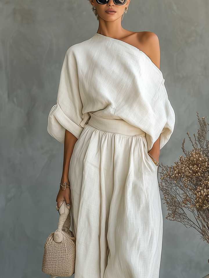 Amelia - Boho Women's 2-Piece Linen Set with Off Shoulder Top and Tapered Trousers