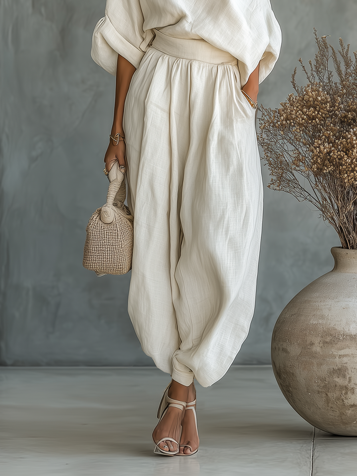 Amelia - Boho Women's 2-Piece Linen Set with Off Shoulder Top and Tapered Trousers