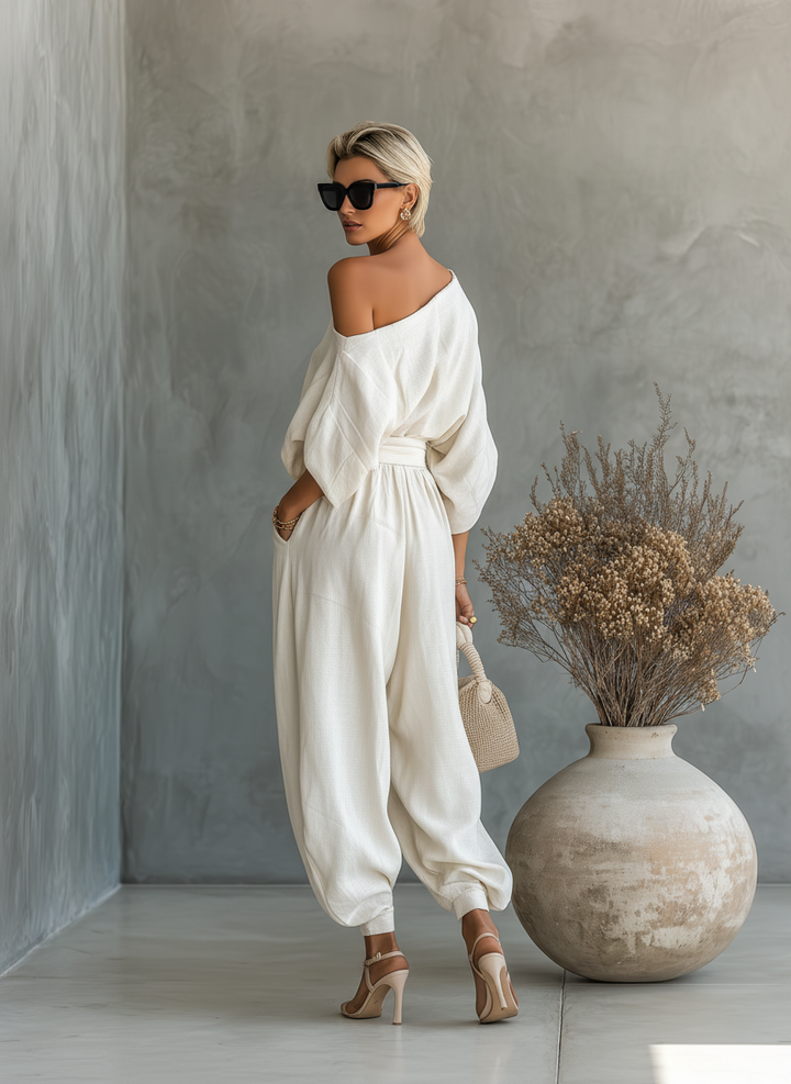 Amelia - Boho Women's 2-Piece Linen Set with Off Shoulder Top and Tapered Trousers