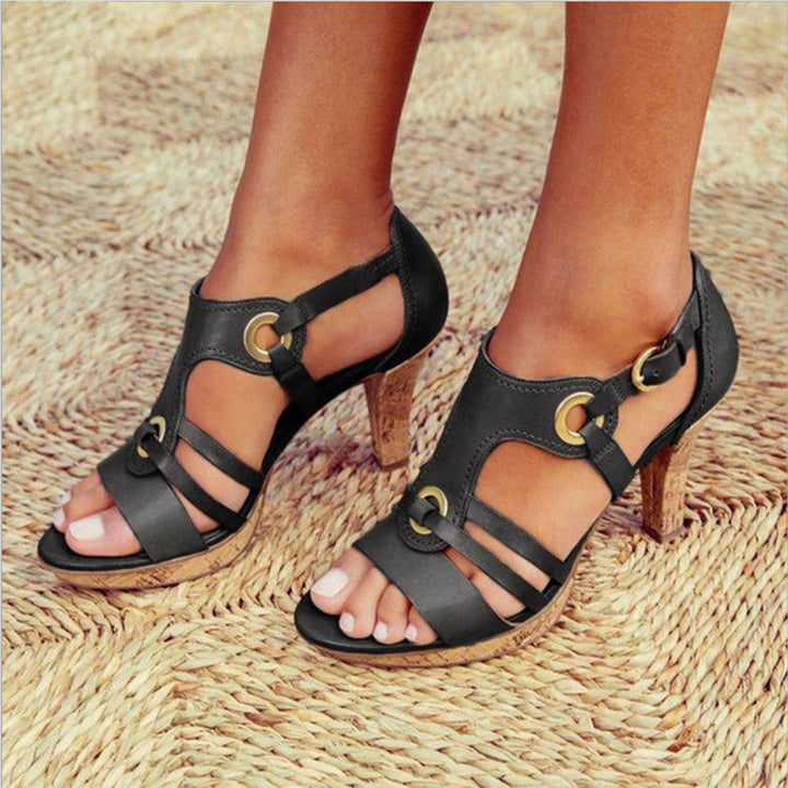 Amelia - Chic Women's Orthopedic Heeled Sandals with Gladiator Straps and Gold Eyelet Cork Heel