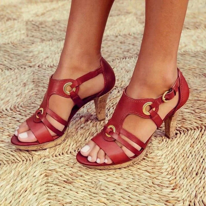 Amelia - Chic Women's Orthopedic Heeled Sandals with Gladiator Straps and Gold Eyelet Cork Heel