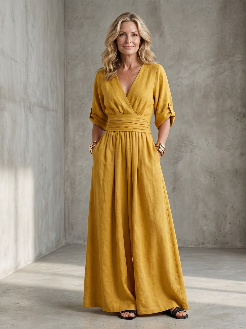 Amelia - Elegant Women's Linen Jumpsuit with a Wrap Front and Wide Leg