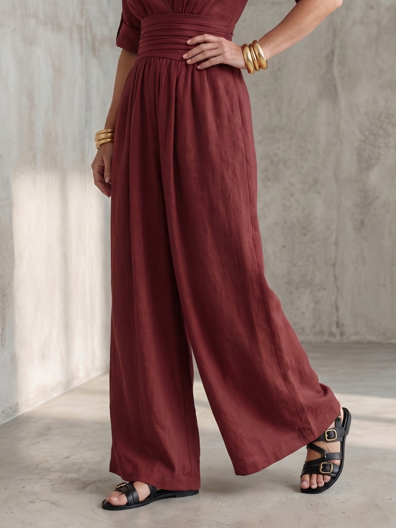 Amelia - Elegant Women's Linen Jumpsuit with a Wrap Front and Wide Leg