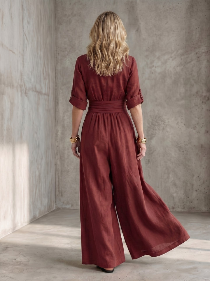 Amelia - Elegant Women's Linen Jumpsuit with a Wrap Front and Wide Leg