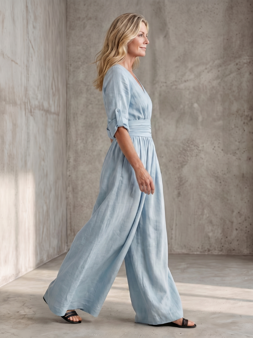 Amelia - Elegant Women's Linen Jumpsuit with a Wrap Front and Wide Leg