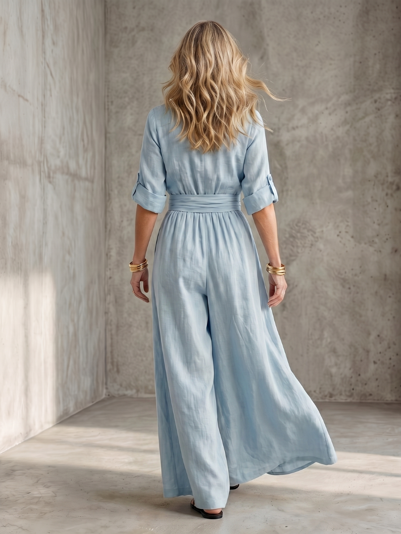 Amelia - Elegant Women's Linen Jumpsuit with a Wrap Front and Wide Leg