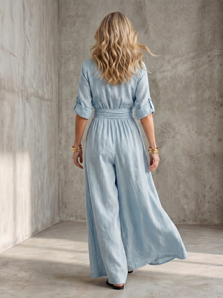 Amelia - Elegant Women's Linen Jumpsuit with a Wrap Front and Wide Leg