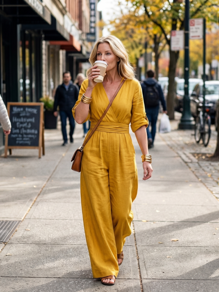 Amelia - Elegant Women's Linen Jumpsuit with a Wrap Front and Wide Leg