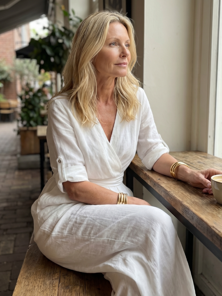 Amelia - Elegant Women's Linen Jumpsuit with a Wrap Front and Wide Leg