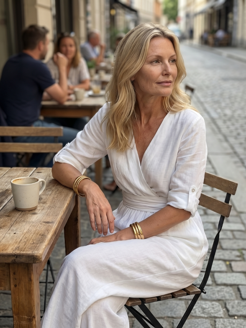 Amelia - Elegant Women's Linen Jumpsuit with a Wrap Front and Wide Leg