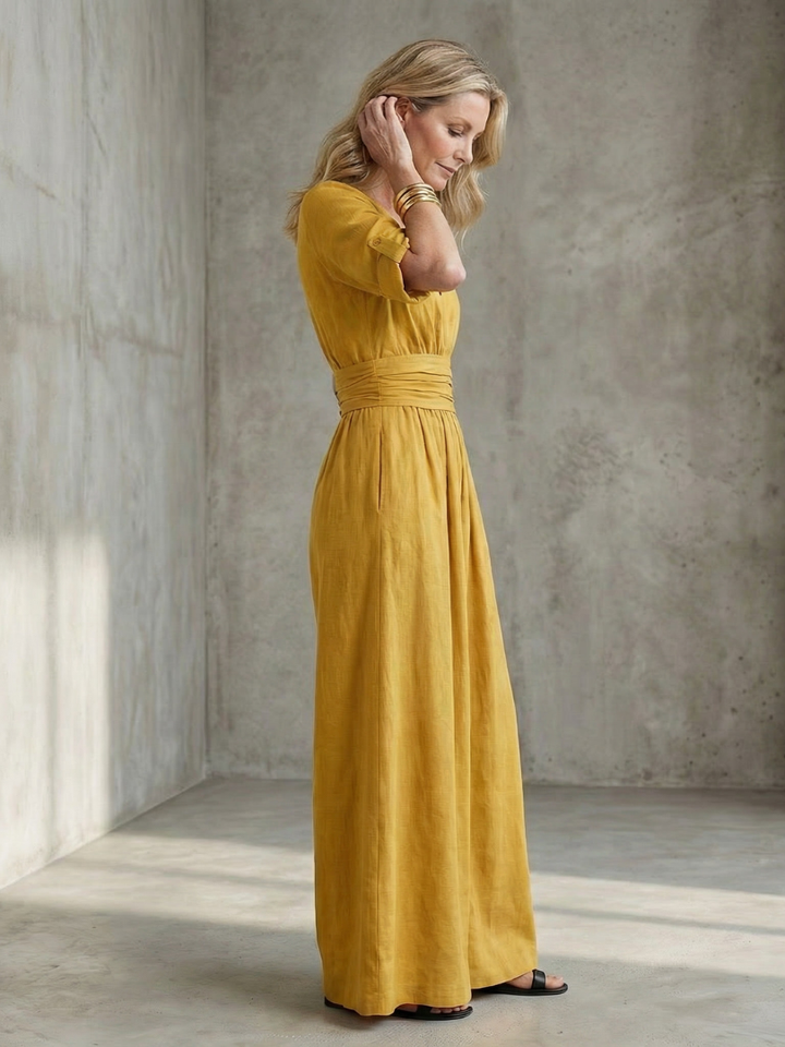 Amelia - Elegant Women's Linen Jumpsuit with a Wrap Front and Wide Leg