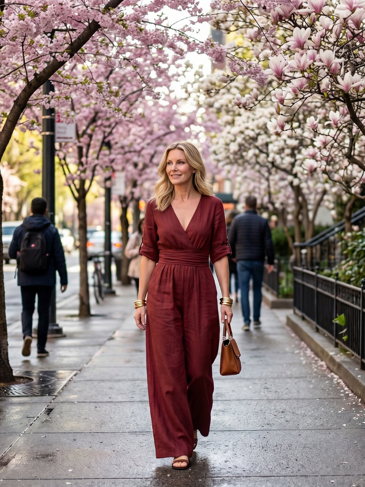 Amelia - Elegant Women's Linen Jumpsuit with a Wrap Front and Wide Leg