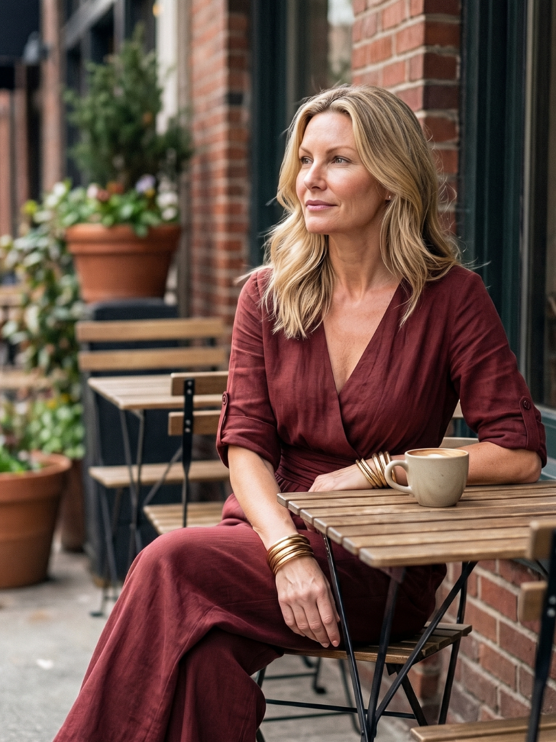 Amelia - Elegant Women's Linen Jumpsuit with a Wrap Front and Wide Leg