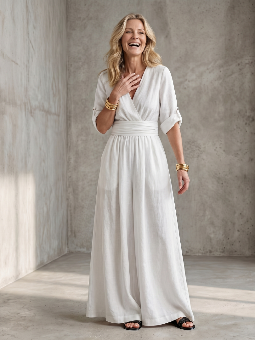 Amelia - Elegant Women's Linen Jumpsuit with a Wrap Front and Wide Leg