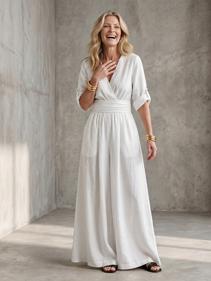 Amelia - Elegant Women's Linen Jumpsuit with a Wrap Front and Wide Leg