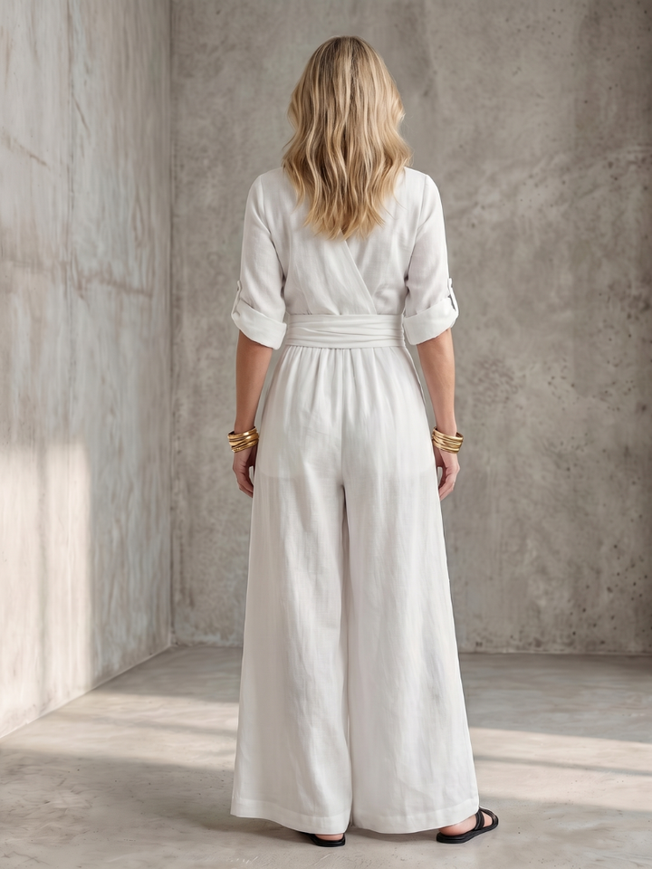 Amelia - Elegant Women's Linen Jumpsuit with a Wrap Front and Wide Leg