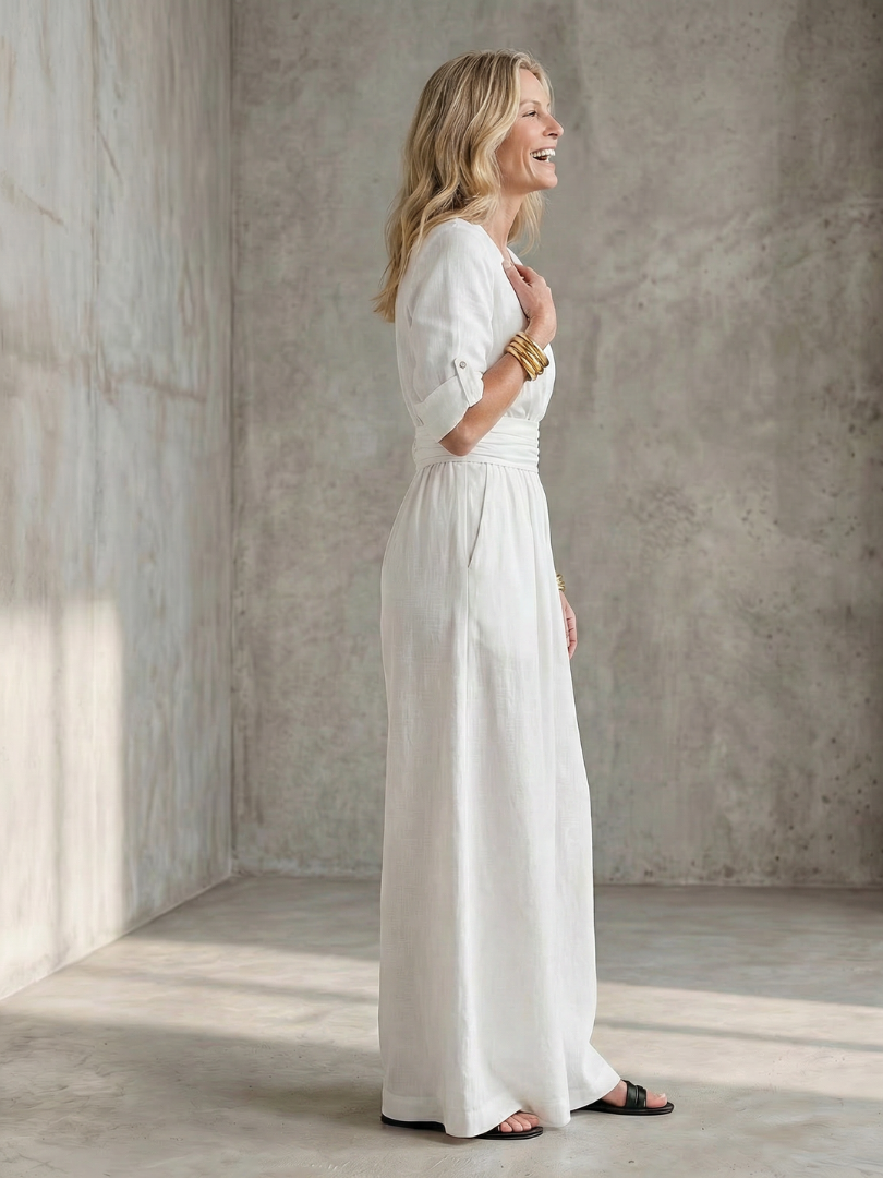Amelia - Elegant Women's Linen Jumpsuit with a Wrap Front and Wide Leg