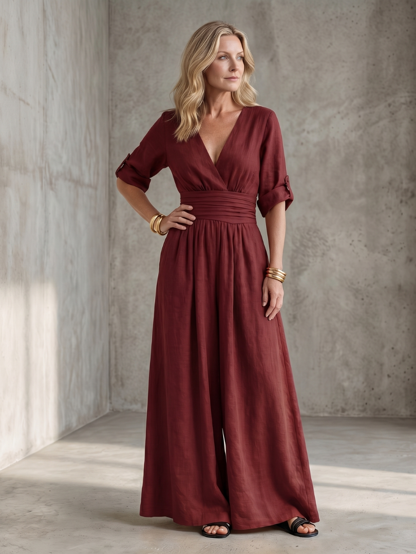 Amelia - Elegant Women's Linen Jumpsuit with a Wrap Front and Wide Leg
