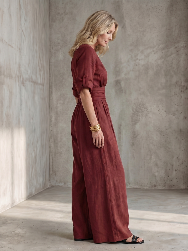 Amelia - Elegant Women's Linen Jumpsuit with a Wrap Front and Wide Leg