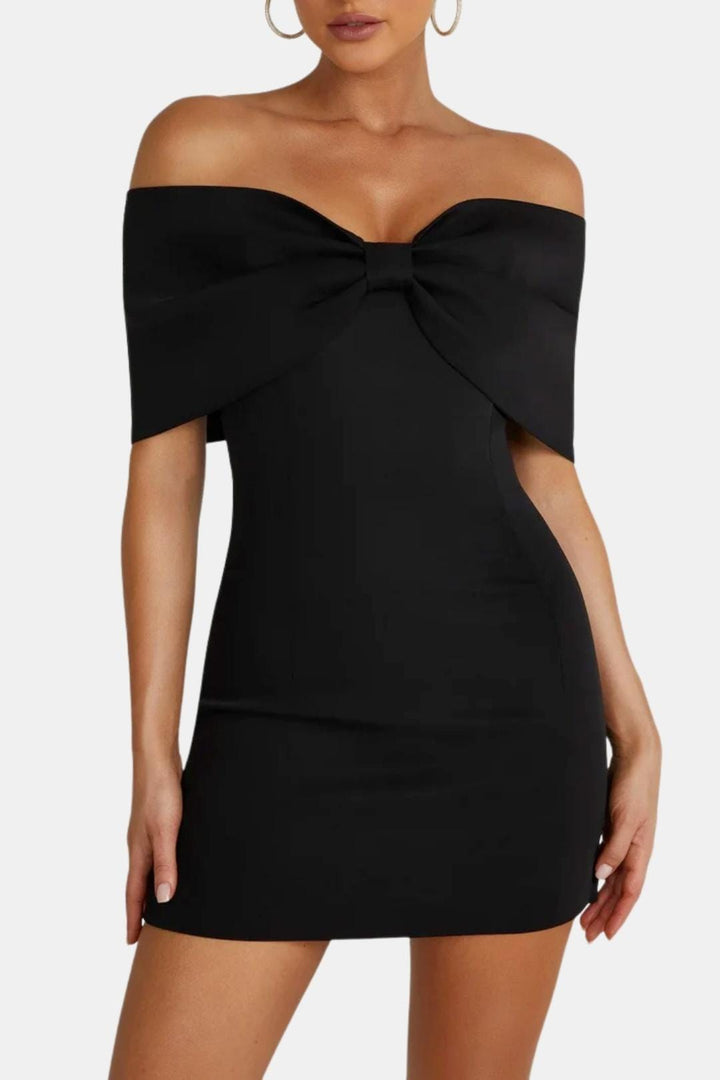 Amelia - Elegant Women's Mini Dress with Off-Shoulder Bow and Fitted Bodice