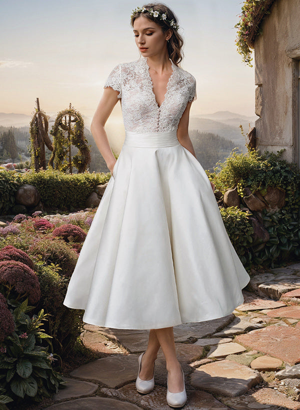 Amelia - Elegant Women's Wedding Dress with Lace Bodice and Full Tea-Length Skirt