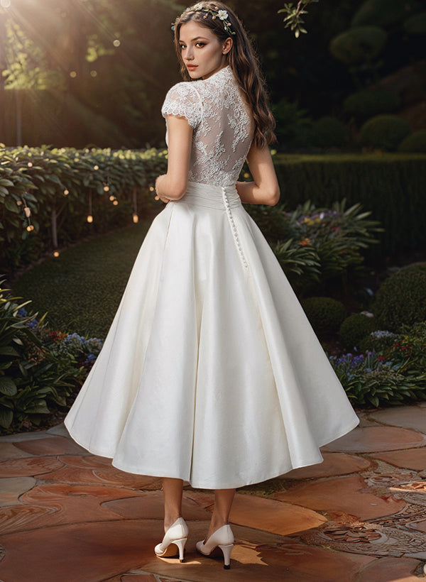 Amelia - Elegant Women's Wedding Dress with Lace Bodice and Full Tea-Length Skirt