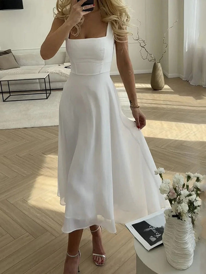 Amelia - Elegant Women's Wedding Guest Dress with Square Neck and Flowy Midi Skirt